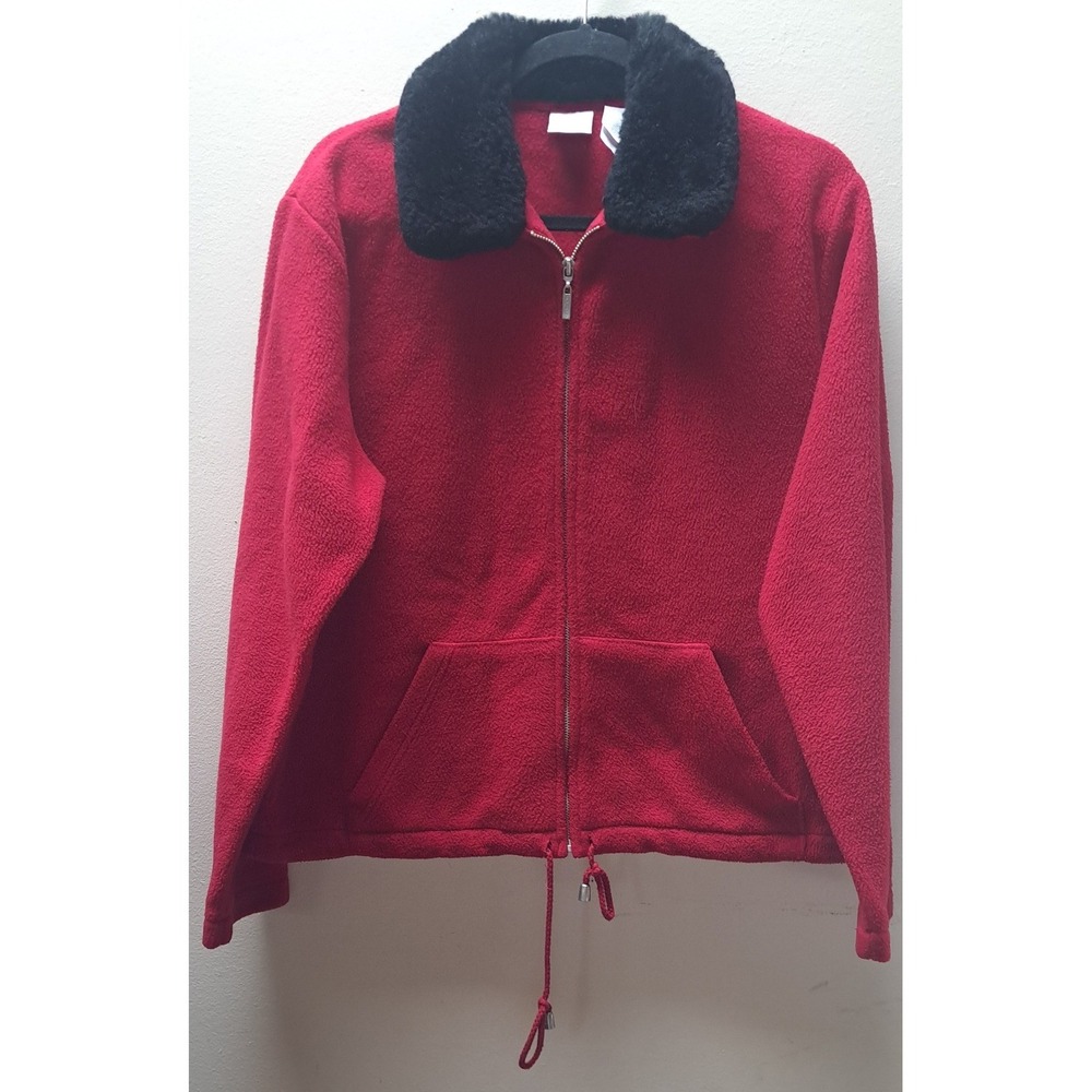 Emma James Red Fleece Zip Up Jacket Faux Fur Collar Womens Large Liz Claiborne
